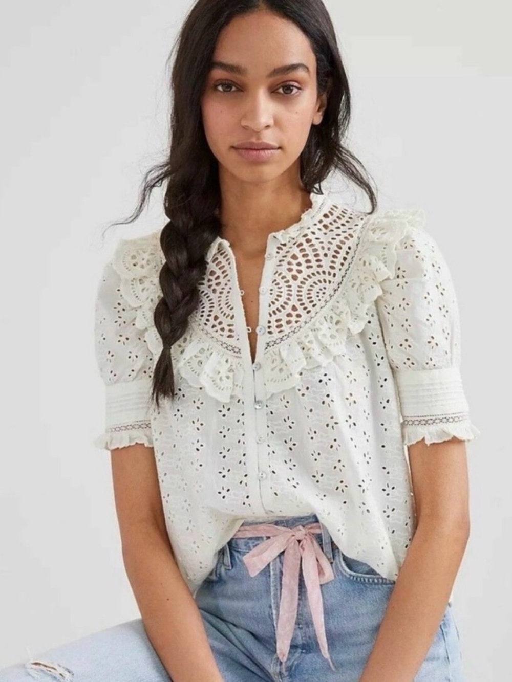 NWT By Anthropology Love The Label Eyelet  Dreamer Ruffle Lace Trim Blouse.